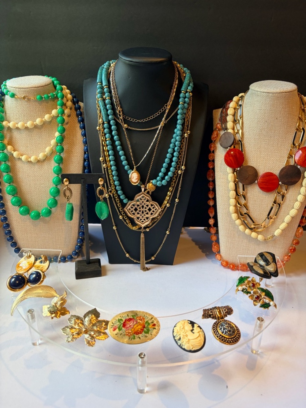 Vintage 11 necklaces, 5 earrings,5 brooches, 1 slider